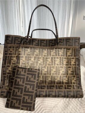 Fendi Brown FF Monogram Transparent Tote with Matching Pouch